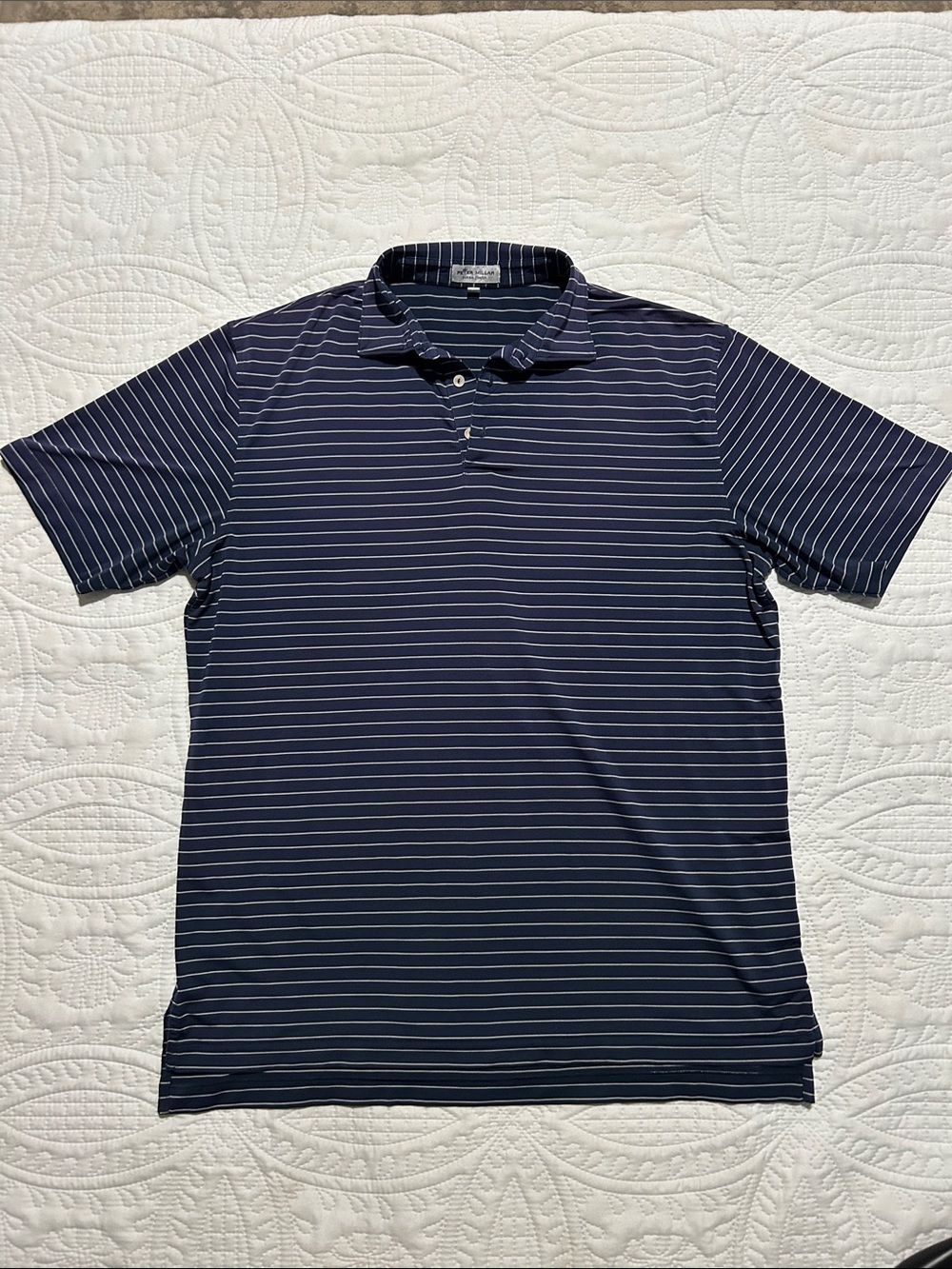 Peter Millar Navy and White Striped Polo Sz: L